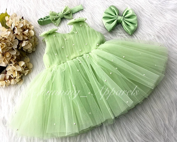 Shoulder Bow Pearls White Party Wear Pista Green Frock  - 0-3 Month