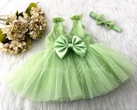 Shoulder Bow Pearls White Party Wear Pista Green Frock  - 0-3 Month