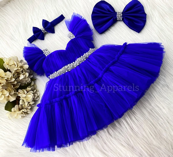 Sweetheart Neckline Ruffled Sleeves Hand Work Party Wear Royal Blue Dress  - 6-9 Month