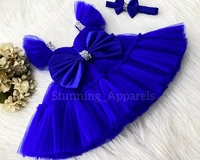 Sweetheart Neckline Ruffled Sleeves Hand Work Party Wear Royal Blue Dress  - 6-9 Month