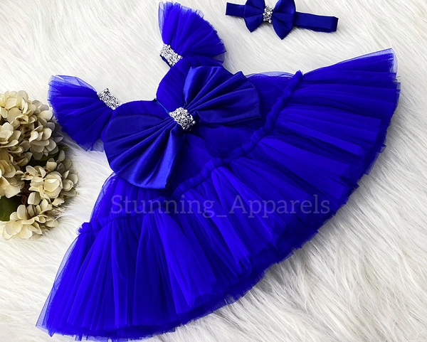 Sweetheart Neckline Ruffled Sleeves Hand Work Party Wear Royal Blue Dress  - 6-9 Month