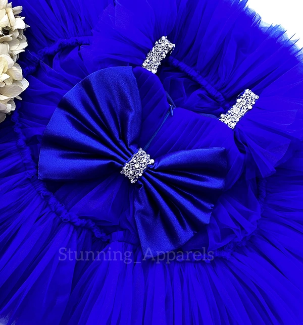 Sweetheart Neckline Ruffled Sleeves Hand Work Party Wear Royal Blue Dress  - 6-9 Month
