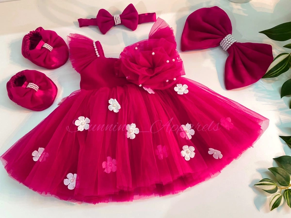 Strapped Ruffled Sleeves White Flower Work Magenta Dress - 0-3month