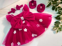 Strapped Ruffled Sleeves White Flower Work Magenta Dress - 0-3month