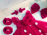 Strapped Ruffled Sleeves White Flower Work Magenta Dress - 0-3month