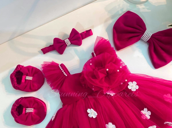 Strapped Ruffled Sleeves White Flower Work Magenta Dress - 0-3month