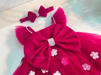 Strapped Ruffled Sleeves White Flower Work Magenta Dress - 0-3month