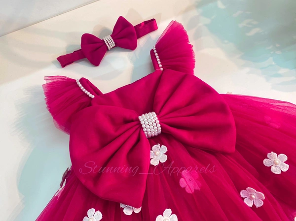 Strapped Ruffled Sleeves White Flower Work Magenta Dress - 0-3month