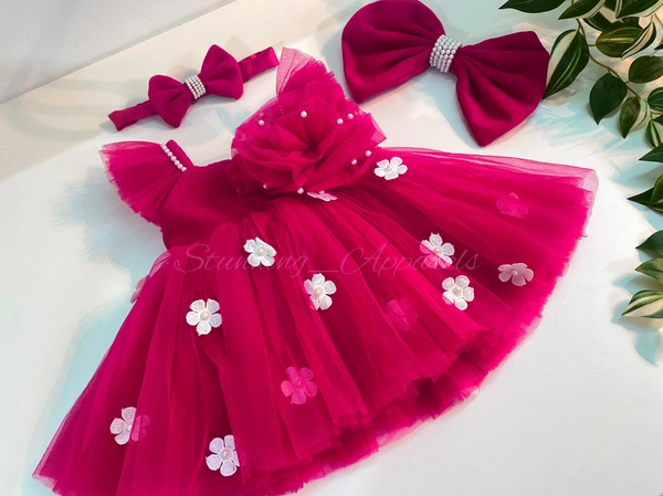 Strapped Ruffled Sleeves White Flower Work Magenta Dress - 3-4years
