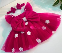 Strapped Ruffled Sleeves White Flower Work Magenta Dress - 3-4years