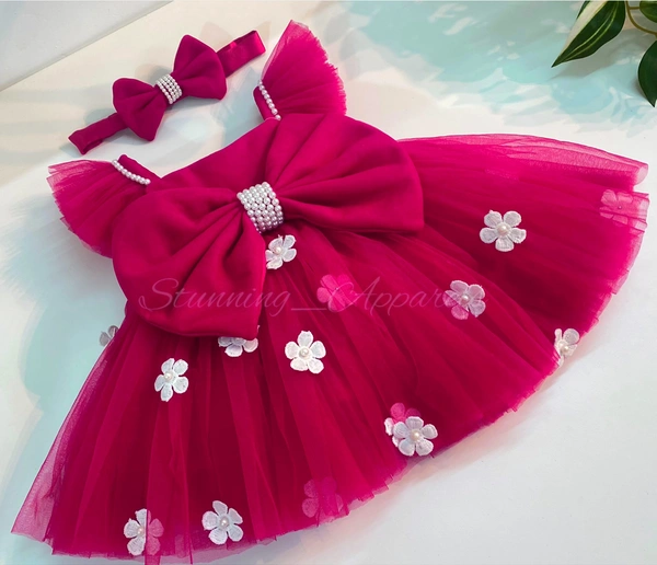 Strapped Ruffled Sleeves White Flower Work Magenta Dress - 3-4years