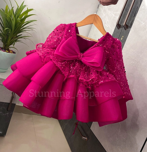 Designer Primium Partywear Magenta Frock - 2-3 Year
