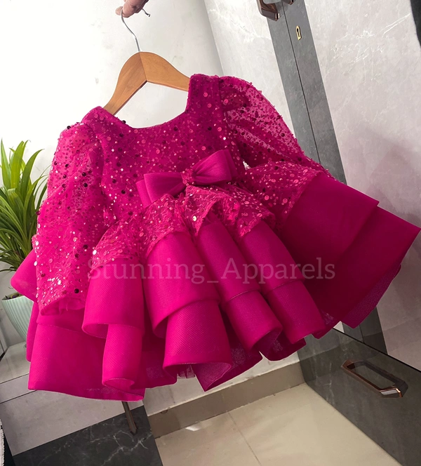 Designer Primium Partywear Magenta Frock - 2-3 Year