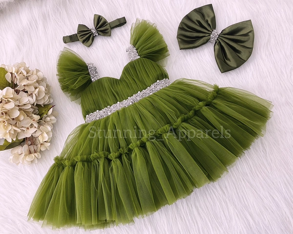 Sweetheart Neckline Ruffled Sleeves Hand Work Party Wear Olive Green Dress  - 0-3 Month