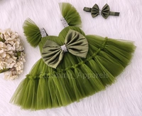 Sweetheart Neckline Ruffled Sleeves Hand Work Party Wear Olive Green Dress  - 0-3 Month