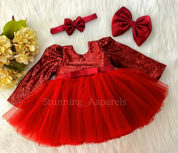 Long Sleeves , Belted Partywear Red Dress  - 2-3 Years
