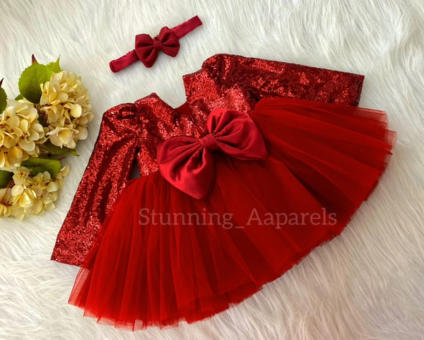 Long Sleeves , Belted Partywear Red Dress  - 2-3 Years