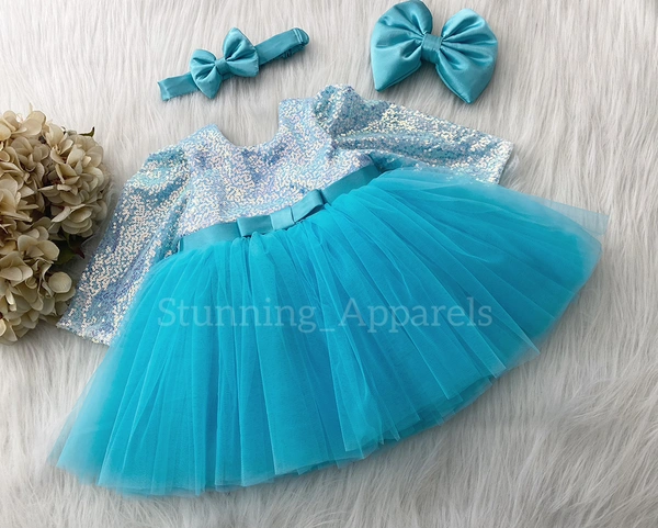 Long Sleeves , Belted Partywear Sky Blue Dress  - 1-2 Years