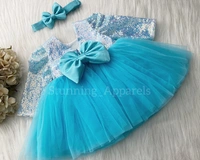 Long Sleeves , Belted Partywear Sky Blue Dress  - 1-2 Years