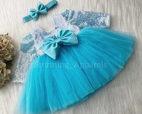 Long Sleeves , Belted Partywear Sky Blue Dress  - 1-2 Years