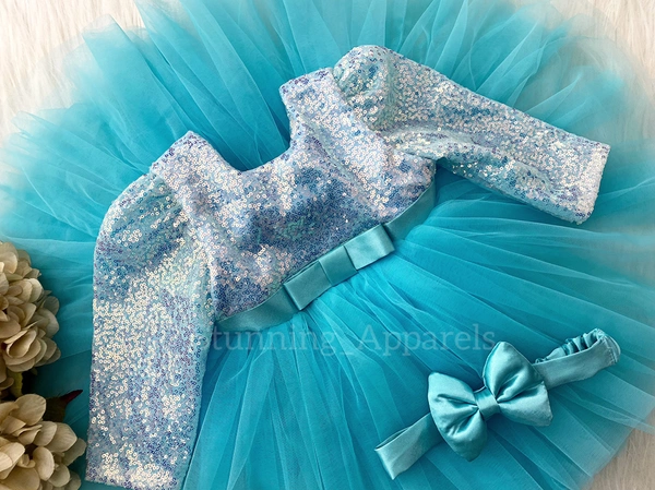 Long Sleeves , Belted Partywear Sky Blue Dress  - 1-2 Years