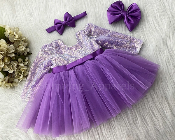 Long Sleeves , Belted Partywear Dark Lavender Dress  - 2-3 Years