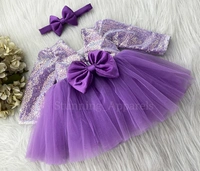 Long Sleeves , Belted Partywear Dark Lavender Dress  - 2-3 Years