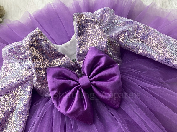 Long Sleeves , Belted Partywear Dark Lavender Dress  - 2-3 Years