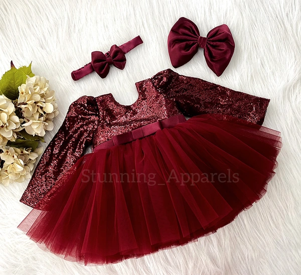Long Sleeves , Belted Partywear  Maroon Dress  - 4-5 Years