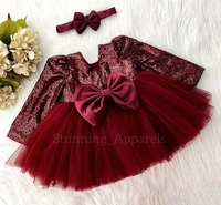 Long Sleeves , Belted Partywear  Maroon Dress  - 6-9 Month
