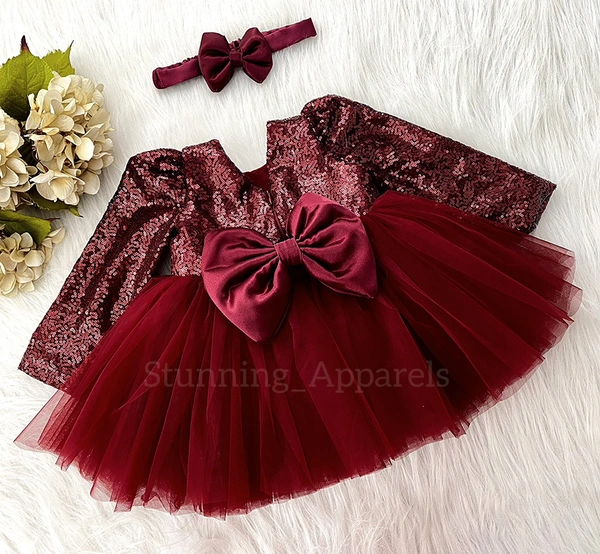 Long Sleeves , Belted Partywear  Maroon Dress  - 6-9 Month