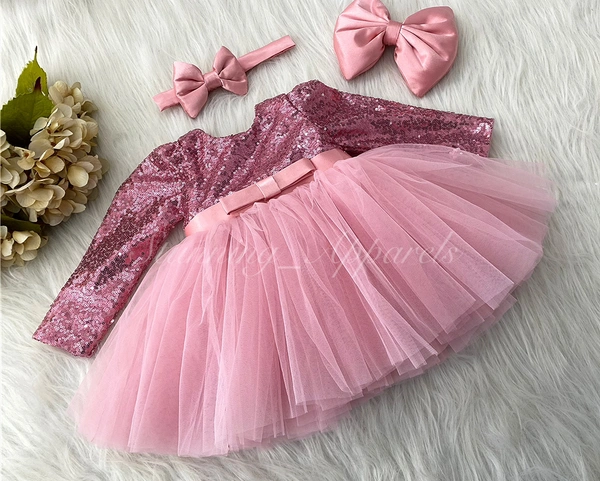 Long Sleeves , Belted Partywear  Peach  Dress  - 9-12 Month