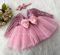 Long Sleeves , Belted Partywear  Peach  Dress  - 9-12 Month