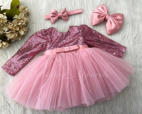 Long Sleeves , Belted Partywear  Peach  Dress  - 3-4 Years