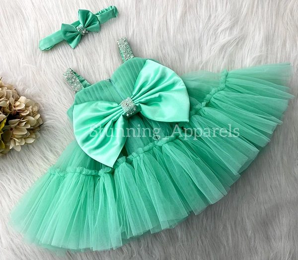 Sweetheart Necline Ruffled Party Wear Sea Green  Dress  - 9-12 Month