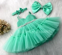 Sweetheart Necline Ruffled Party Wear Sea Green  Dress  - 9-12 Month