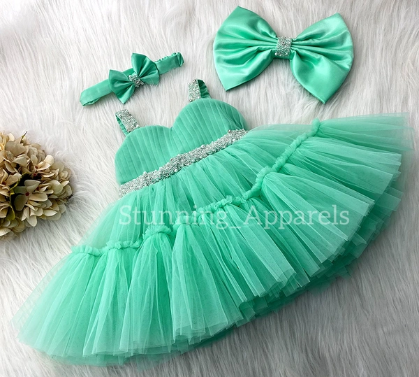 Sweetheart Necline Ruffled Party Wear Sea Green  Dress  - 9-12 Month