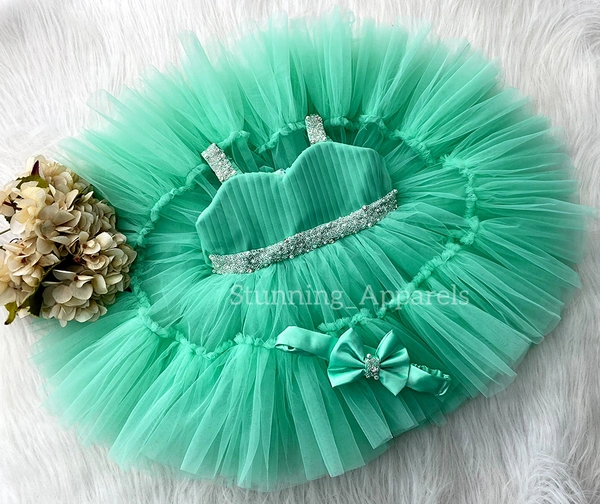 Sweetheart Necline Ruffled Party Wear Sea Green  Dress  - 0-3 Month