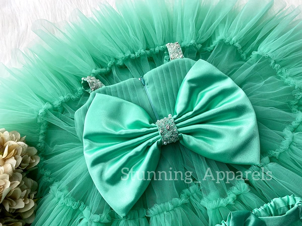 Sweetheart Necline Ruffled Party Wear Sea Green  Dress  - 0-3 Month