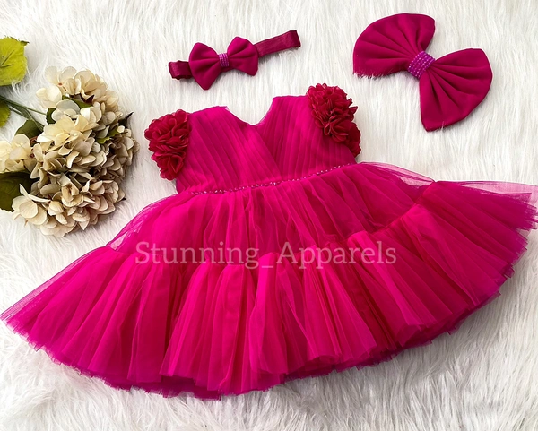 Cape Sleeves Flower Work Magenta Dress  - 3-4 Years