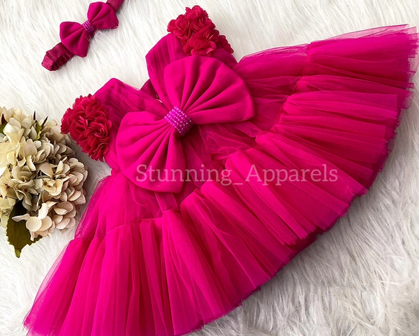 Cape Sleeves Flower Work Magenta Dress  - 3-4 Years