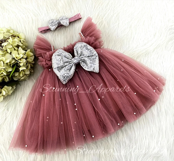 Silver Sequins Bow Party Wear Mustard Brown Dress - 9-12 Month
