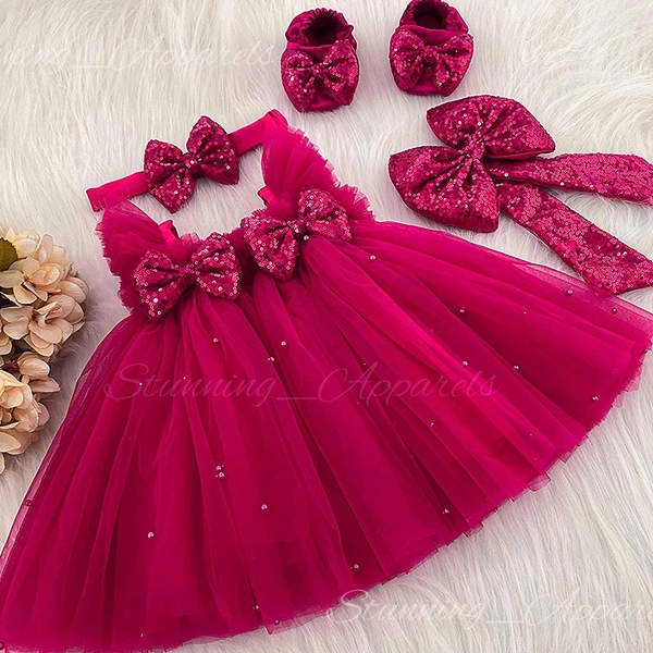 Pink Sequins Bow Party Wear Magenta Pink Dress  - 6-9 Month