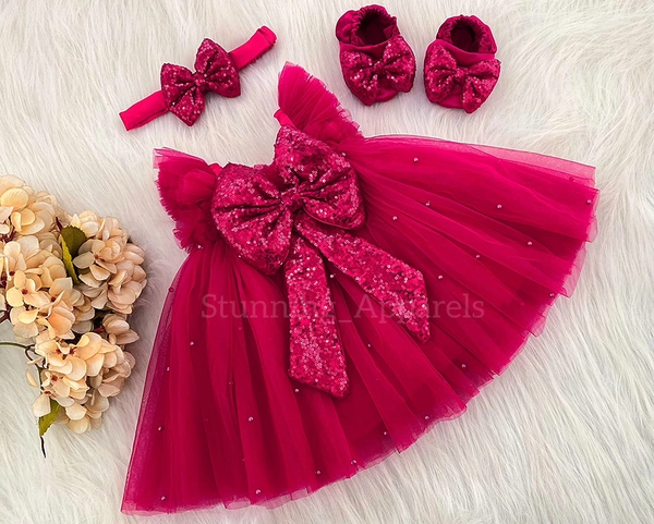 Pink Sequins Bow Party Wear Magenta Pink Dress  - 6-9 Month