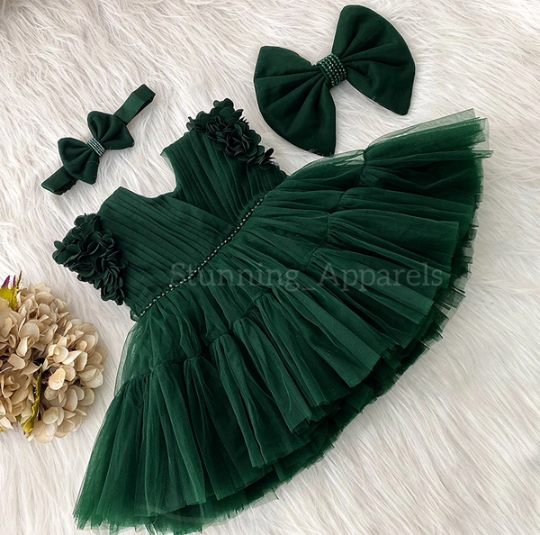Cape Sleeves Flower Work Ruffled Green Dress  - 2-3 Years