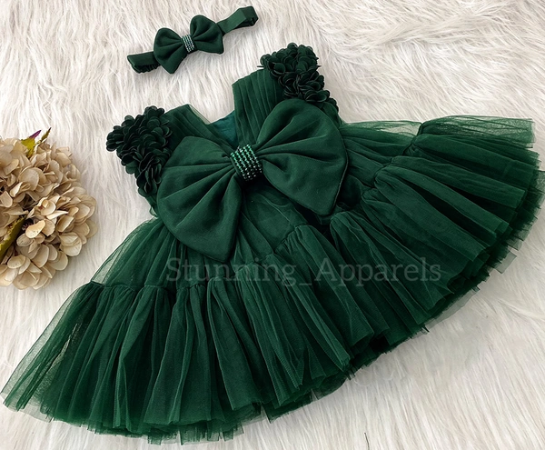 Cape Sleeves Flower Work Ruffled Green Dress  - 2-3 Years