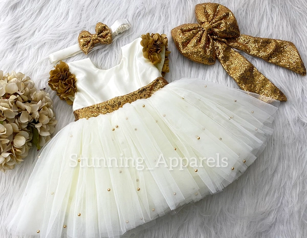 Golden Sequins Bow Cream Dress  - 0-3 Month