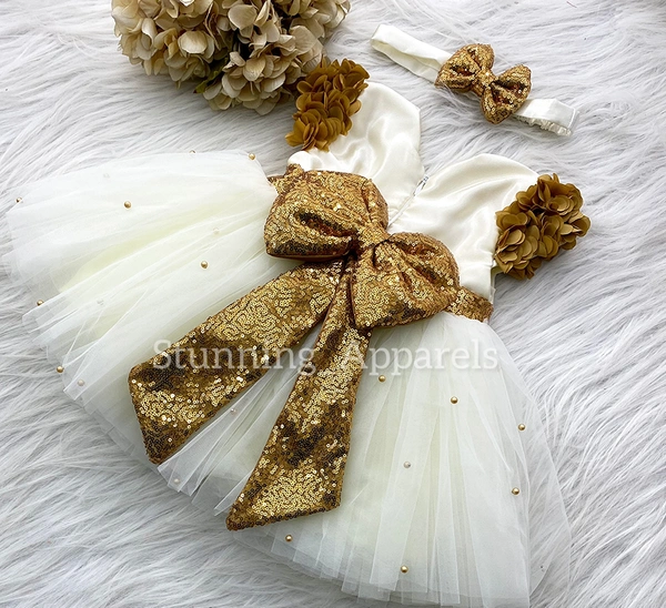 Golden Sequins Bow Cream Dress  - 0-3 Month