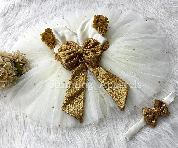 Golden Sequins Bow Cream Dress  - 3-4 Years