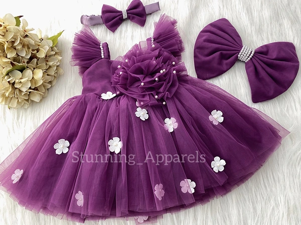 White Flower Straped Ruffled Deep Orchid Dress  - 6-9 Month